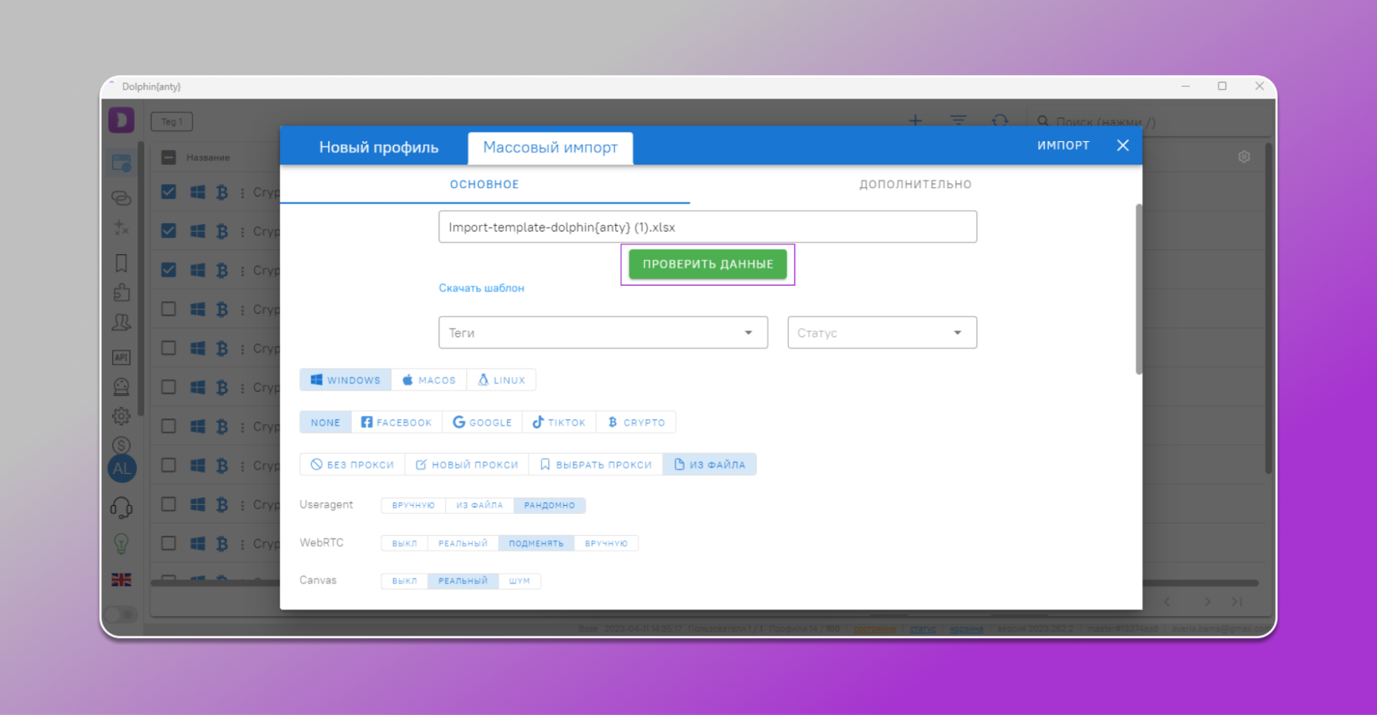Массовый импорт профилей. Проверка данных.