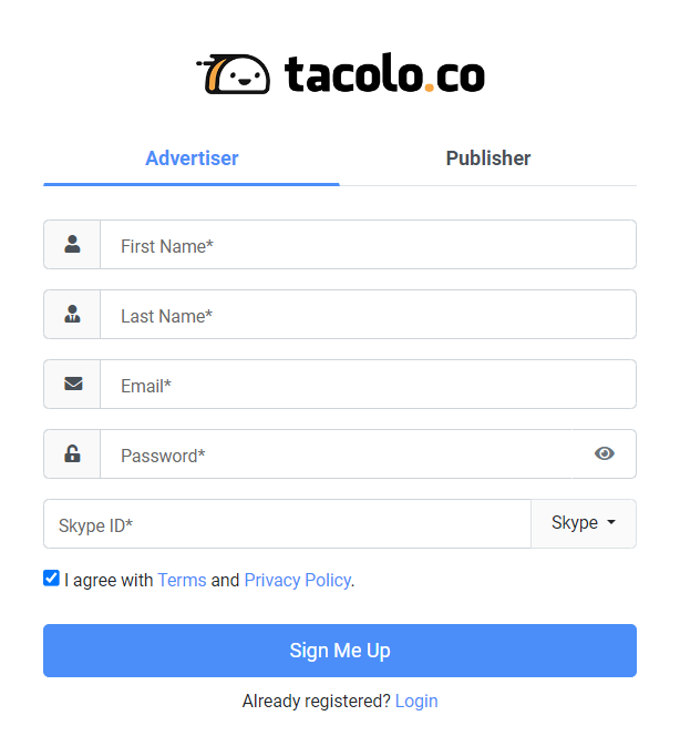 форма регистрации для рекламодателя
