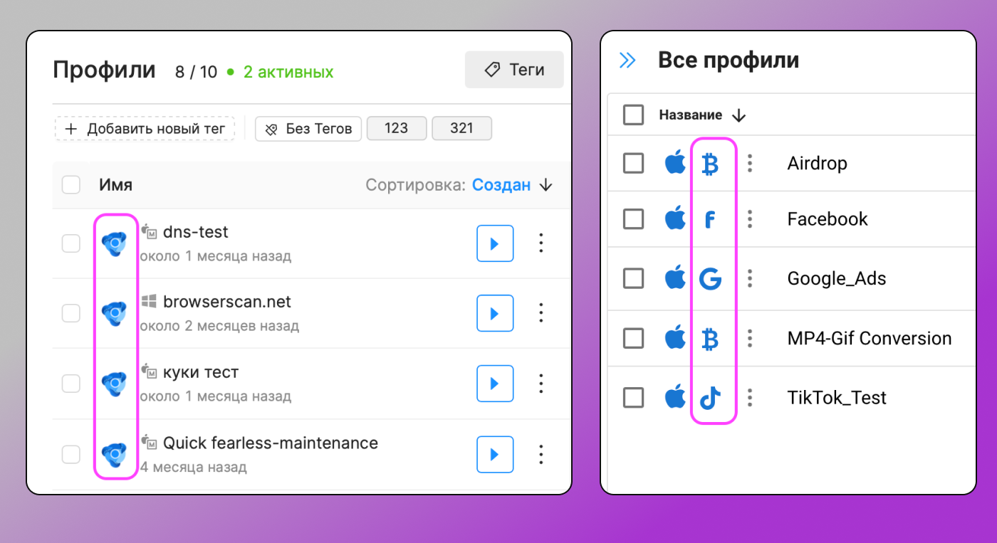 Иконки профилей Octo Browser Dolphin Anty