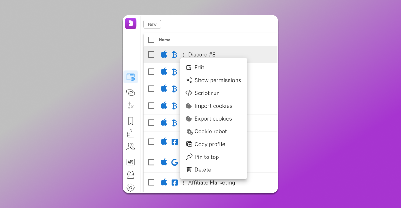 Actions with Profiles Antidetect Browser