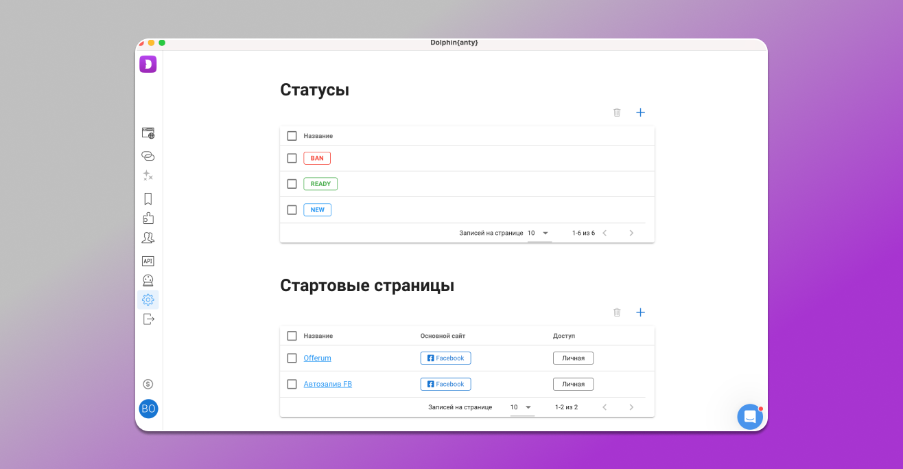 Раздел настроек в Dolphin Anty