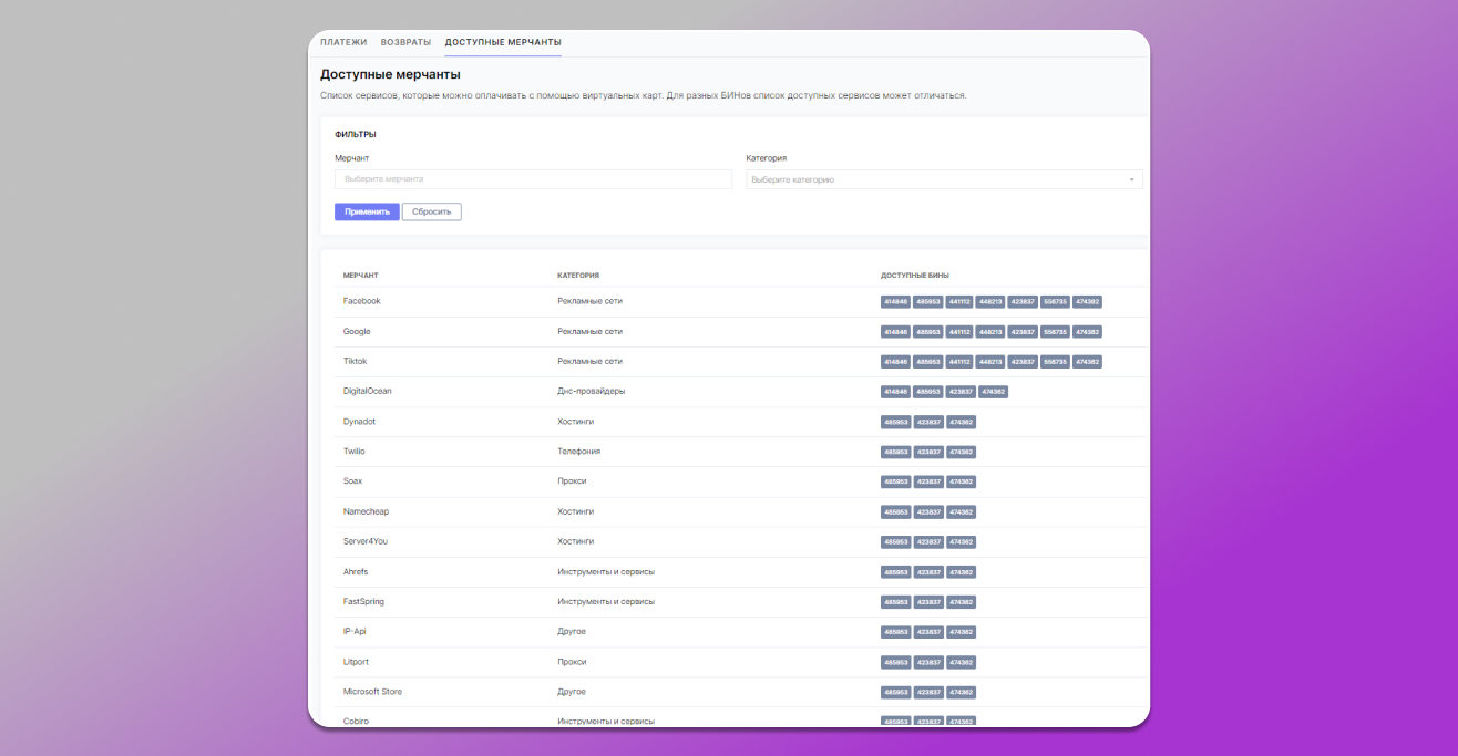 Доступные мерчанты