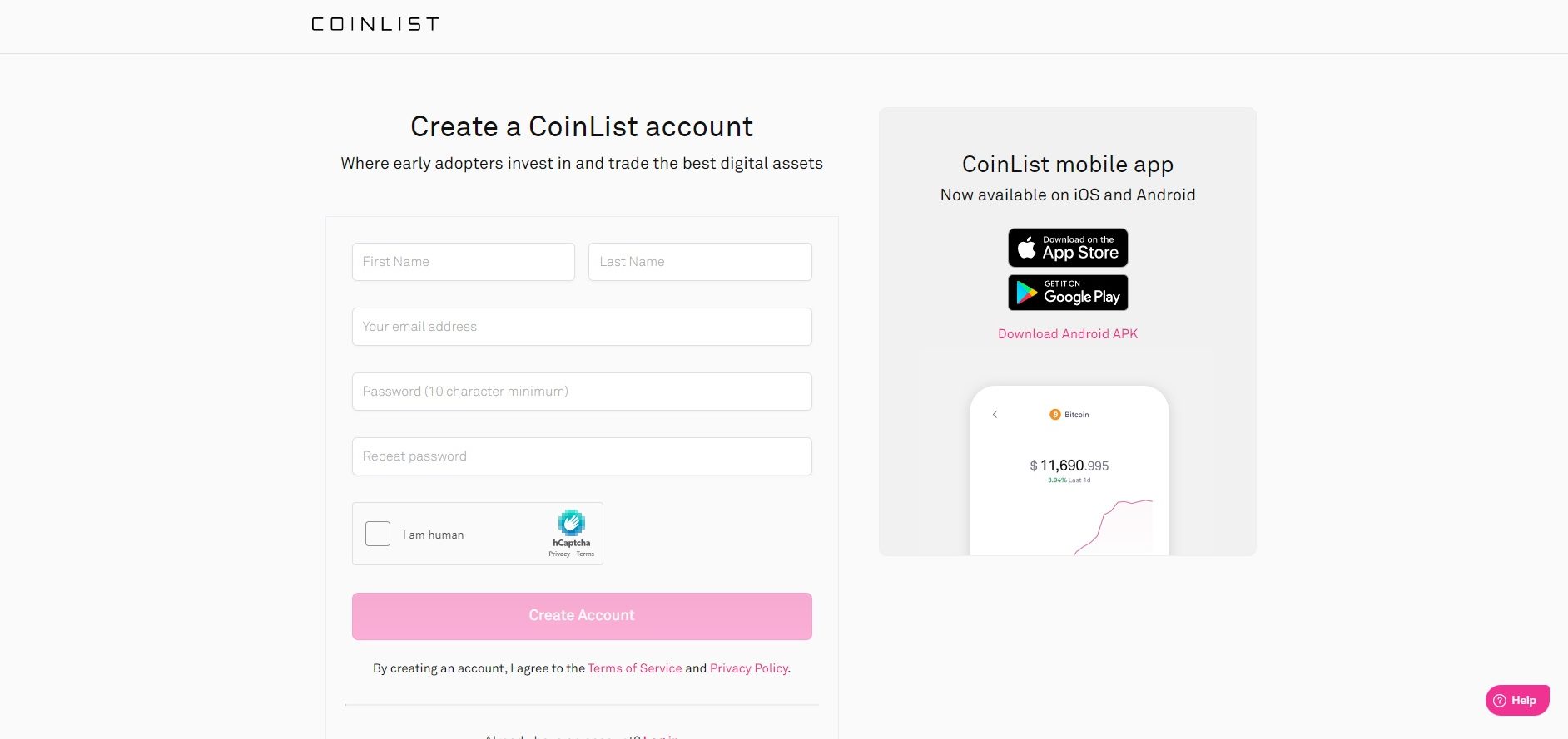 Регистрация аккаунта в Coinlist