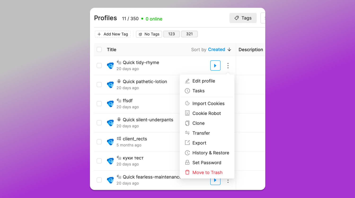 Profile management Octo Browser Dolphin Anty