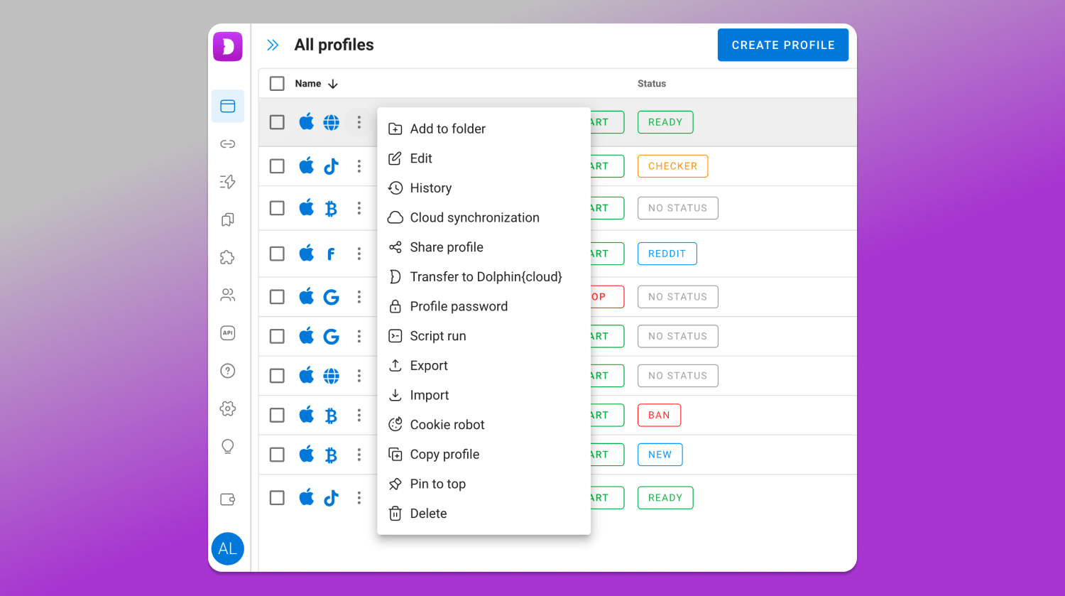Profile management Dolphin Anty