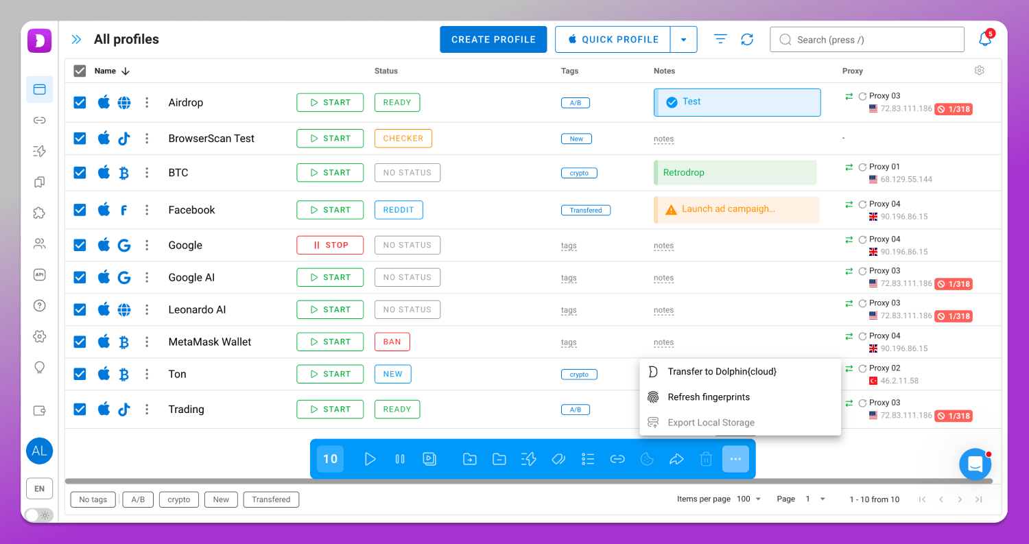 Bulk actions Dolphin Anty