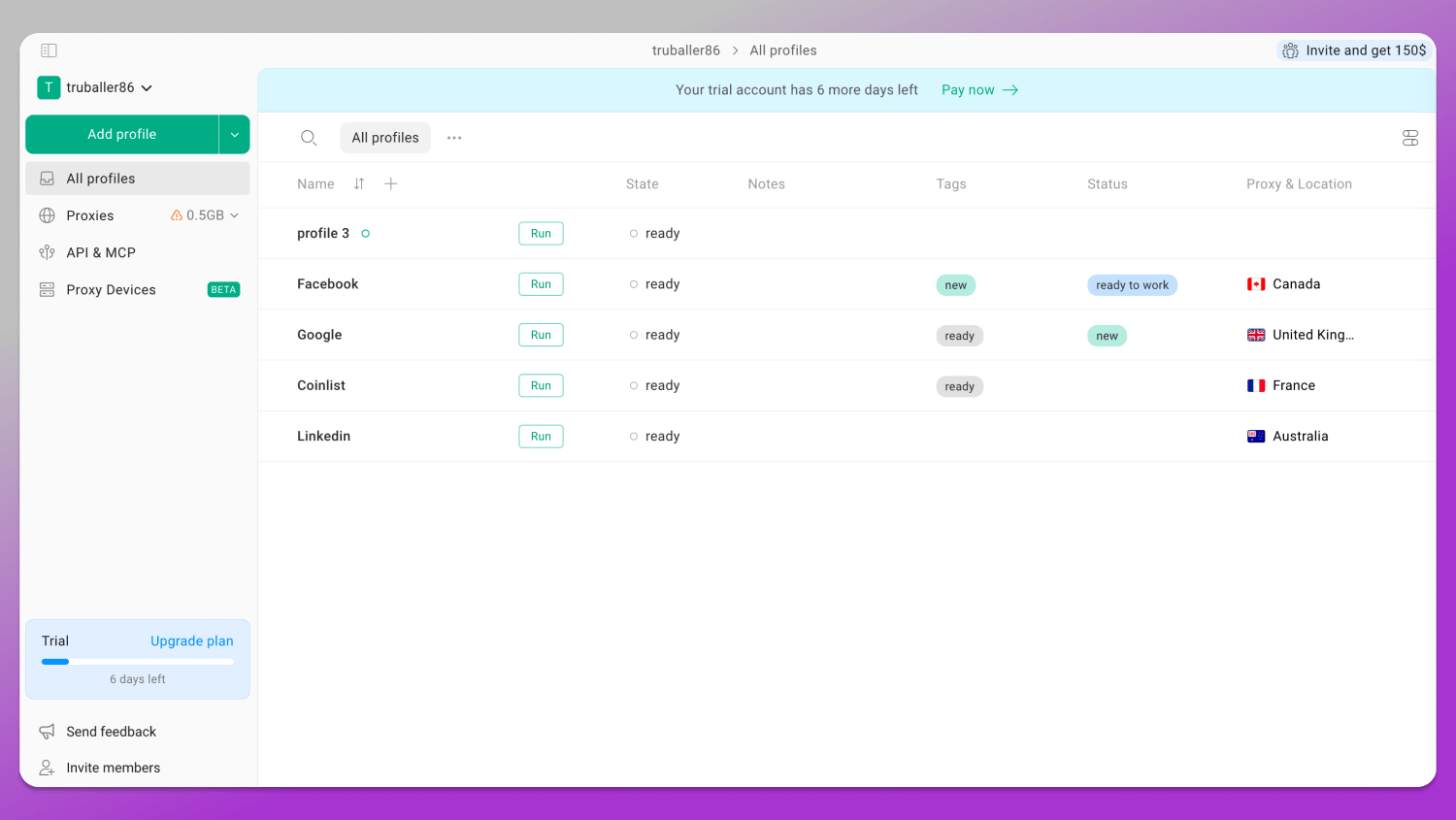 Interface Gologin Dolphin Anty