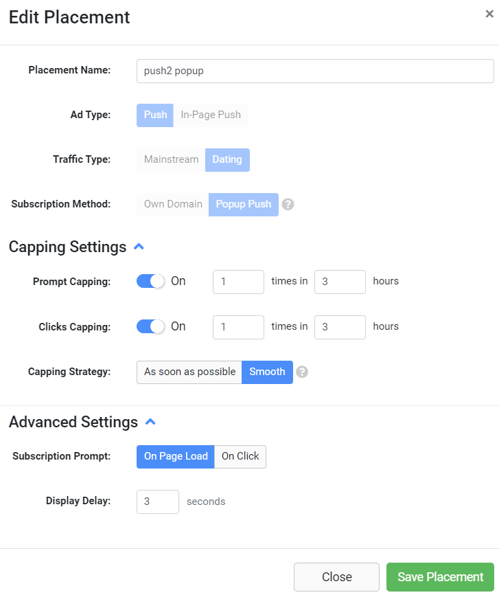 детальная настройка отображения пуш-рекламы
