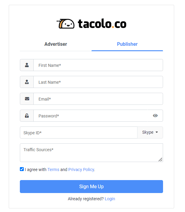 Регистрация на TacoLoco