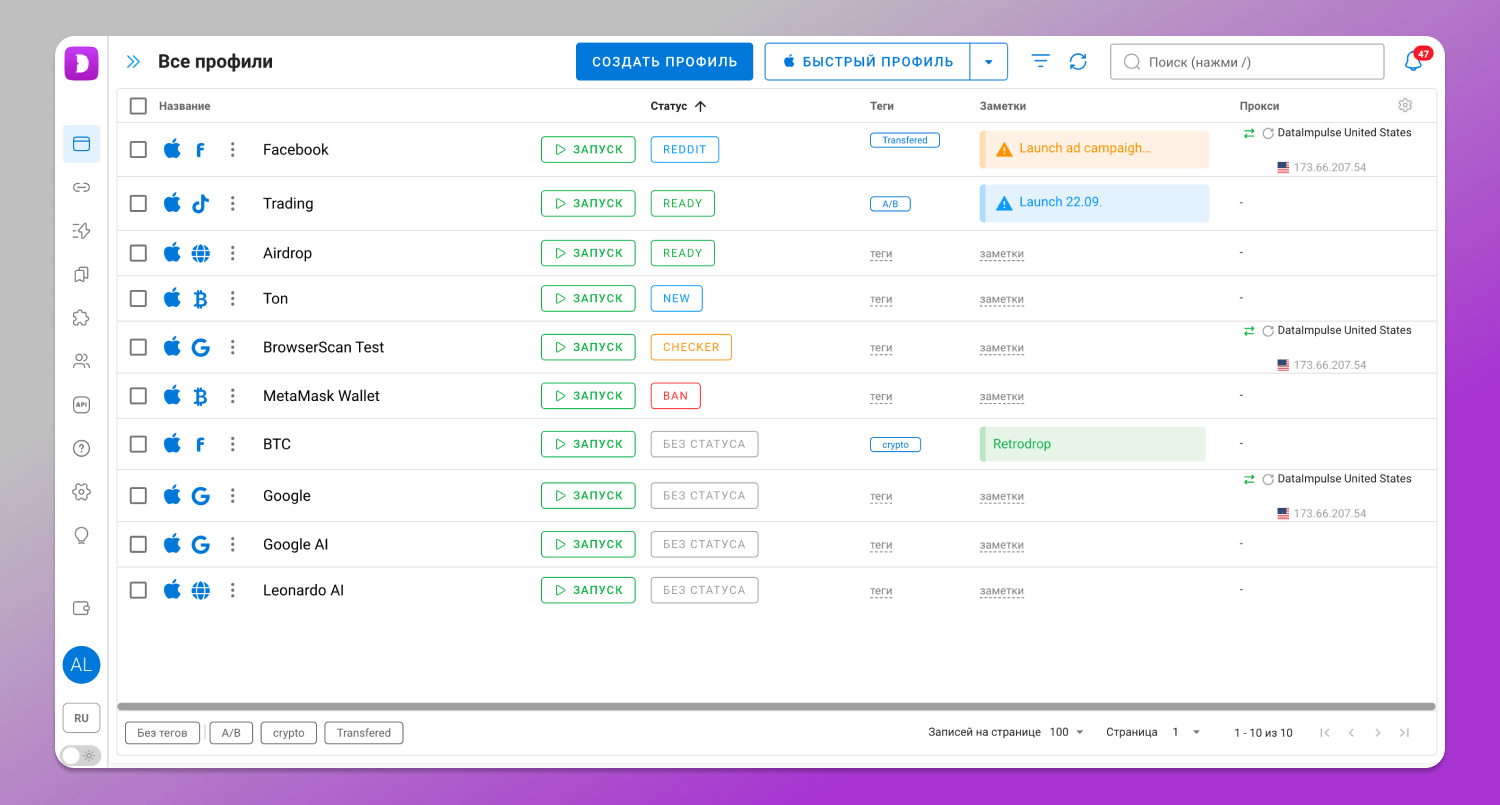 Интерфейс Dolphin Anty