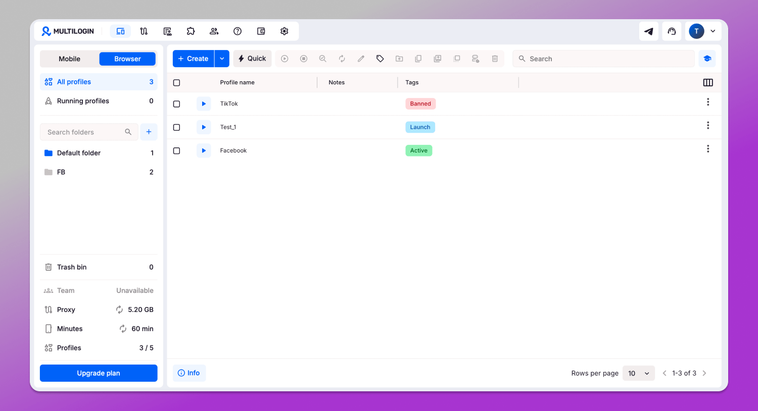 Interface Multilogin Dolphin Anty