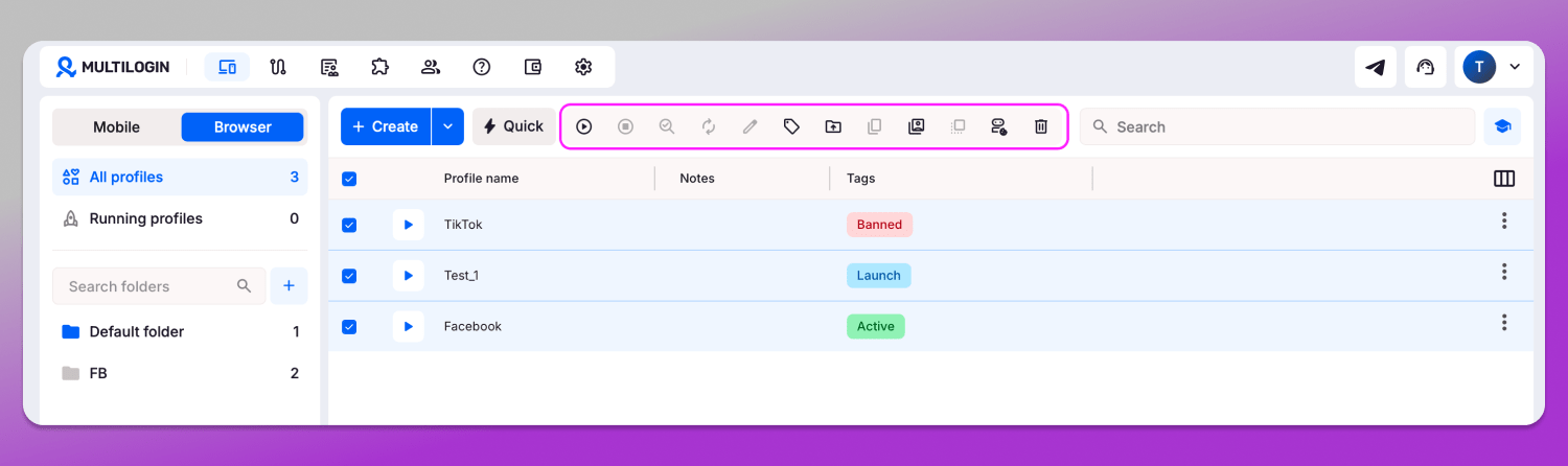 Bulk actions panel Multilogin Dolphin Anty