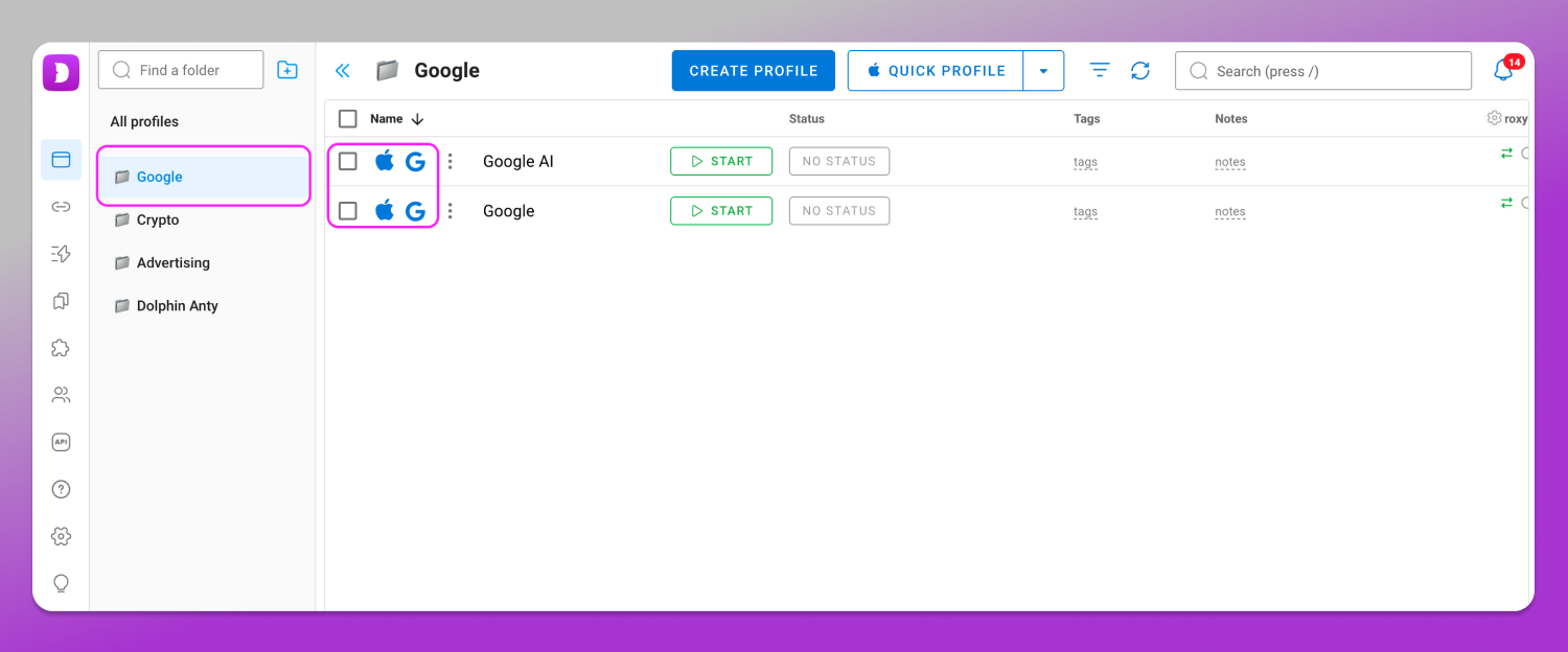 Google folder Dolphin Anty