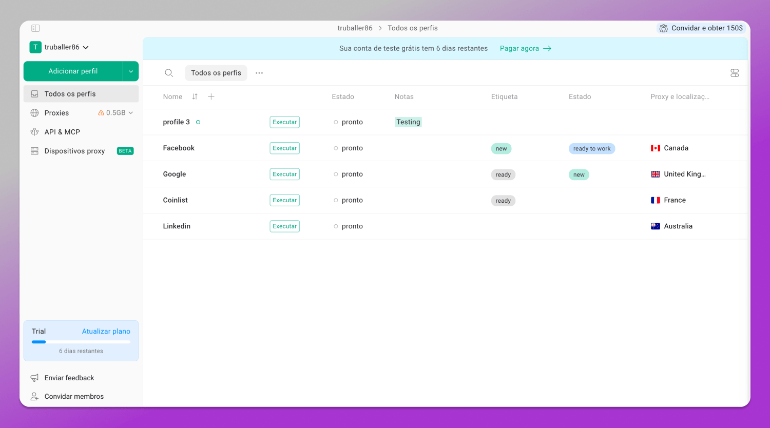 Interface Gologin Dolphin Anty