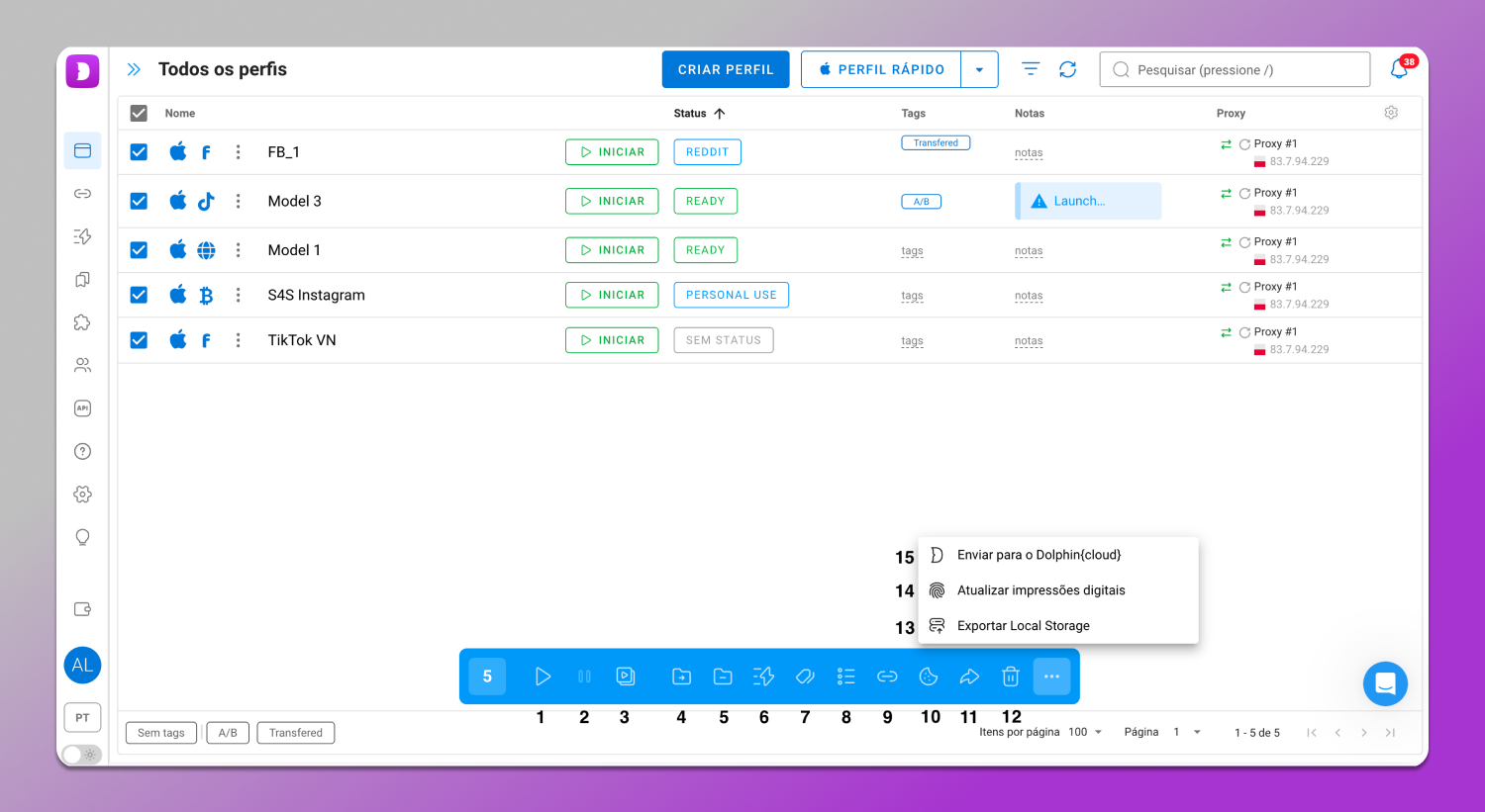 Mass actions panel Dolphin Anty