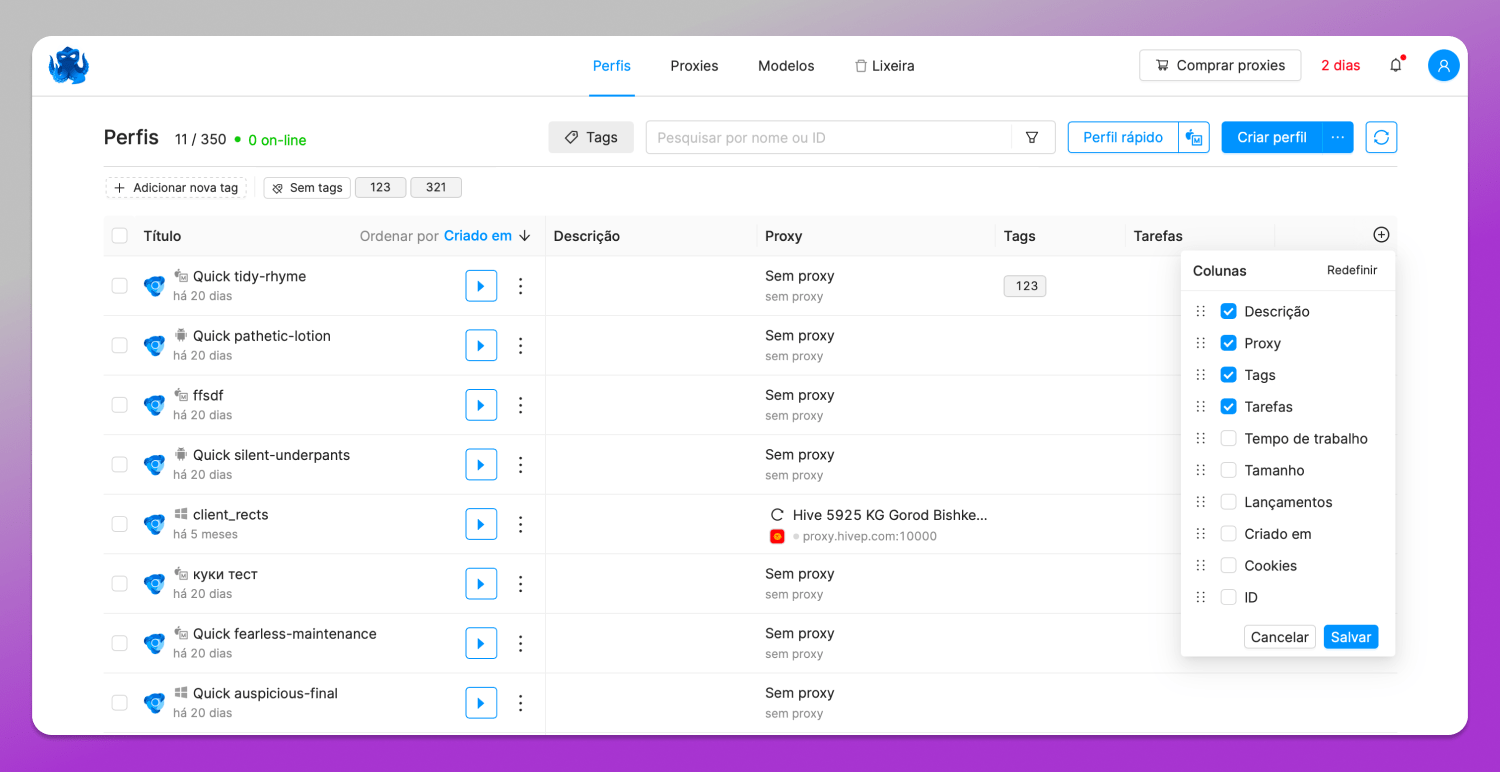 Interface Octo Browser Dolphin Anty