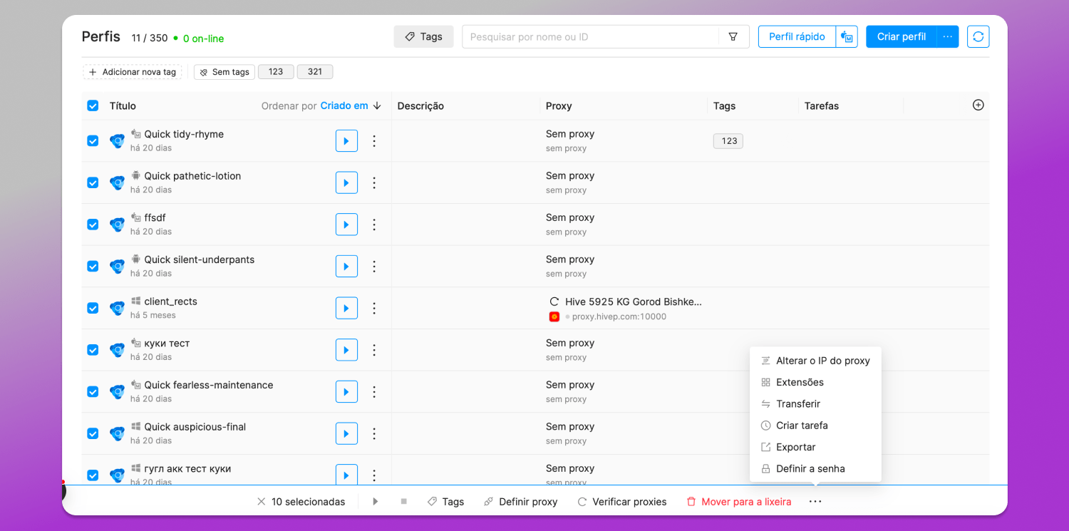 Bulk actions Octo Browser Dolphin Anty