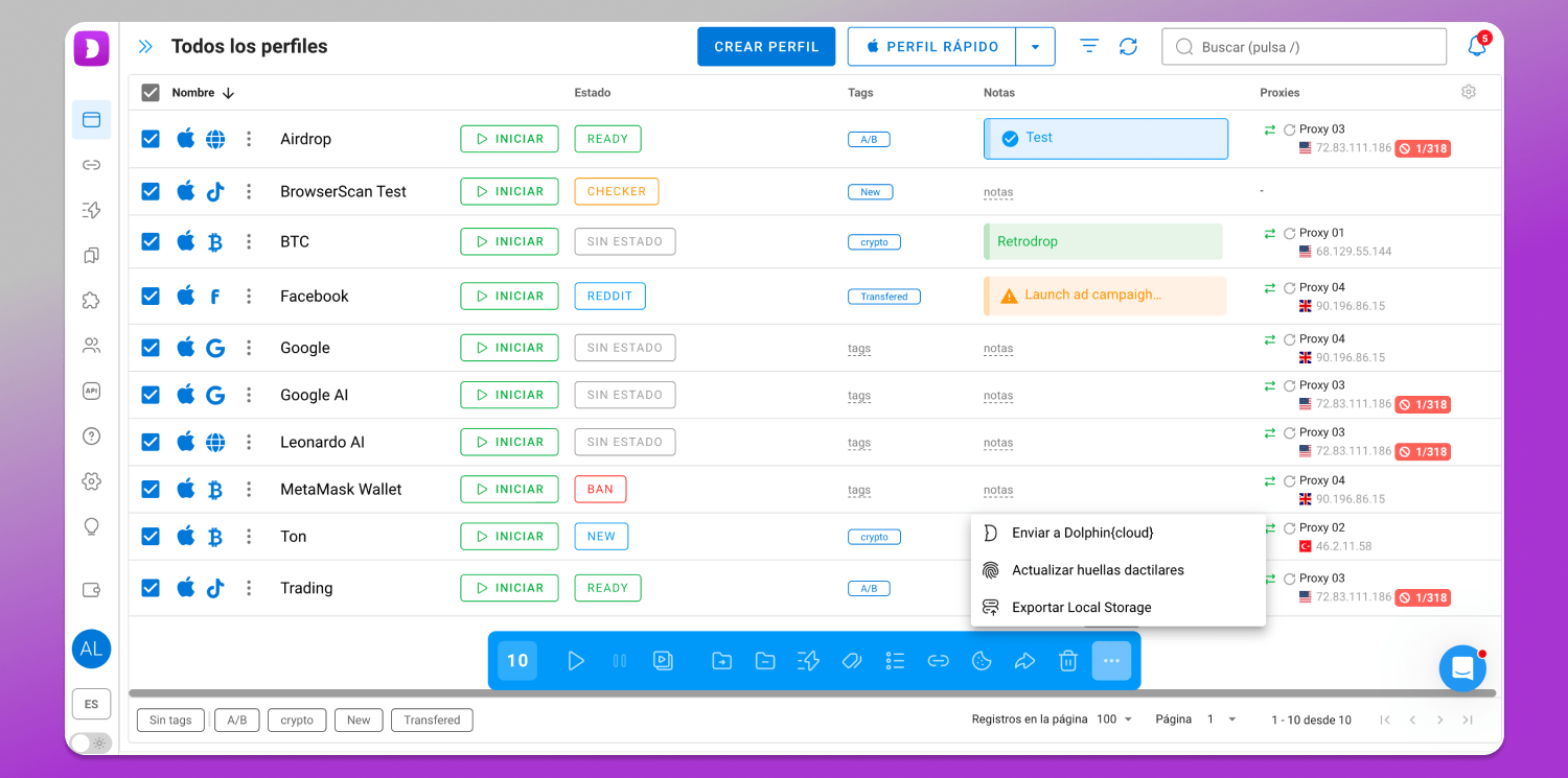 Bulk actions Dolphin Anty