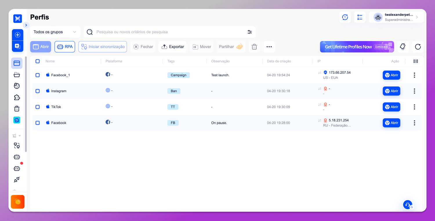 Interface AdsPower Dolphin Anty