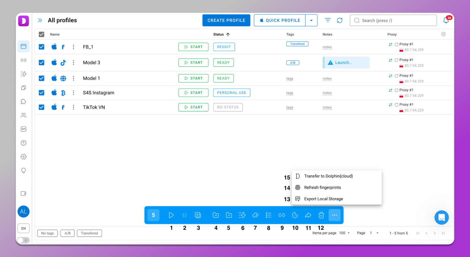 Mass actions panel Dolphin Anty
