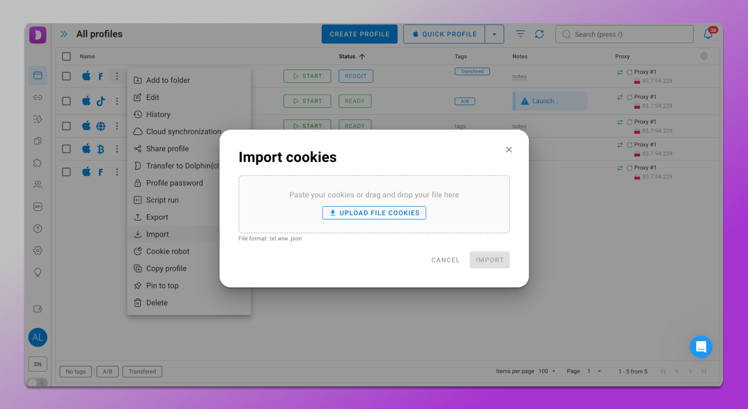 Cookie import Dolphin Anty