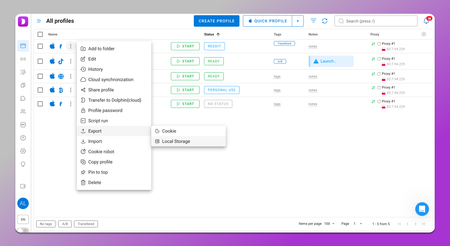 Profile export Dolphin Anty
