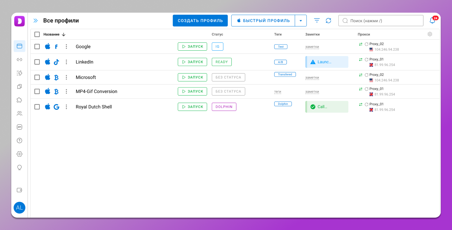 Интерфейс Dolphin Anty