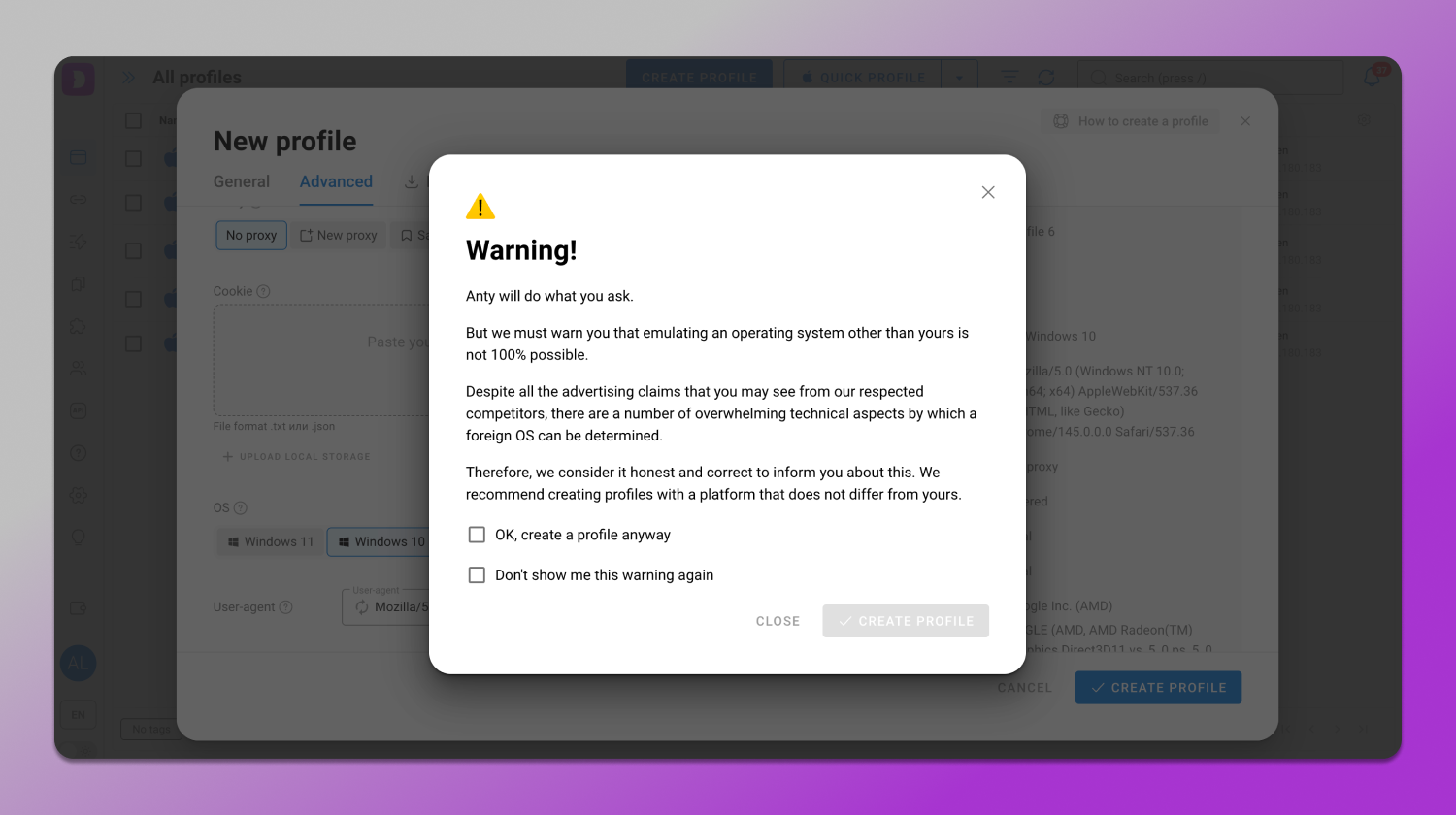OS incosistency Dolphin Anty
