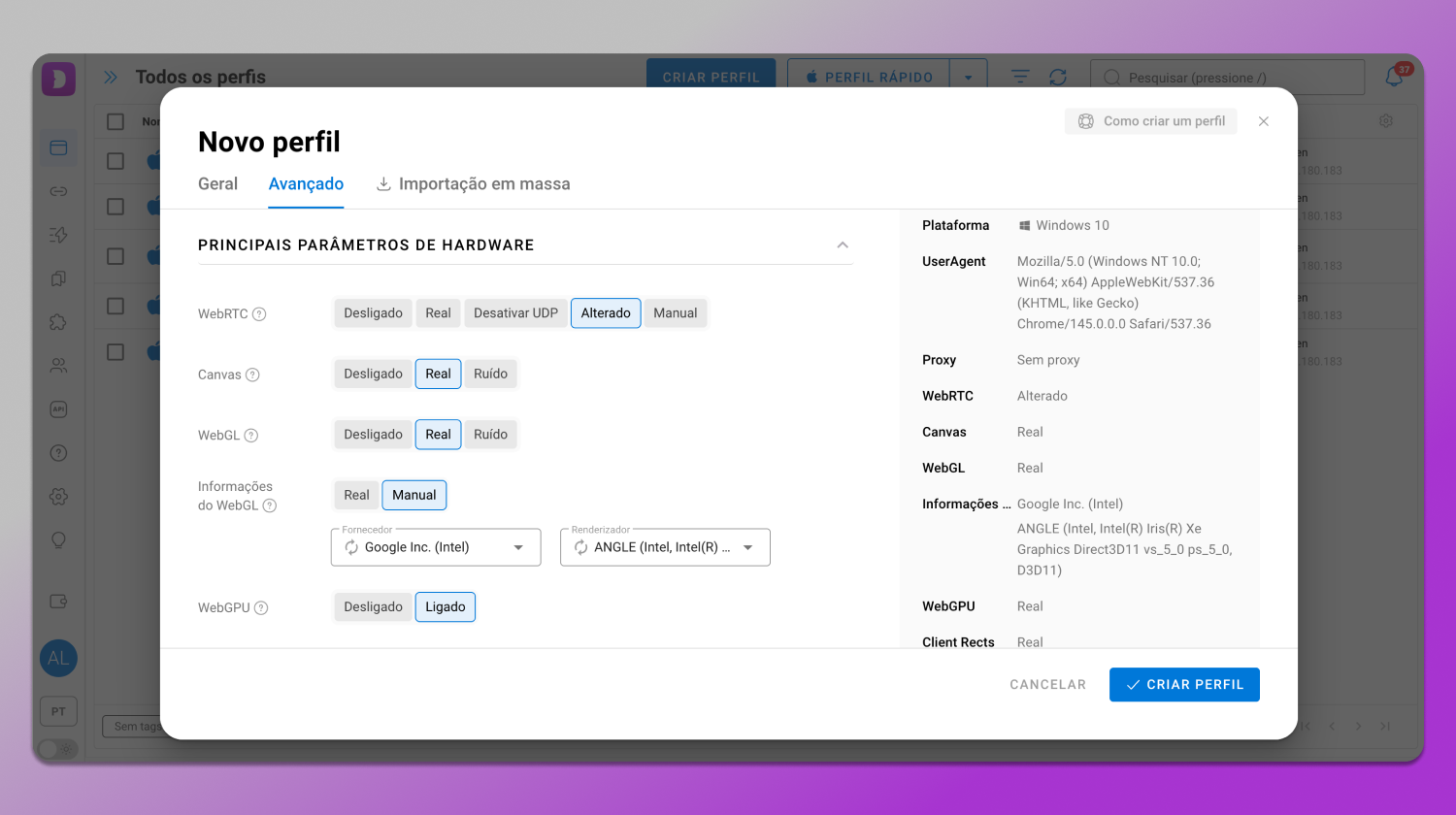 Fingerprint parameters Dolphin Anty