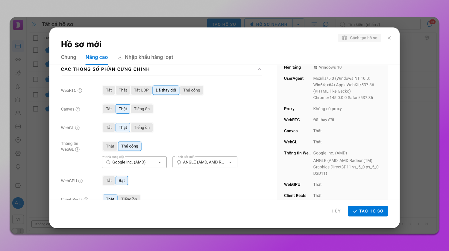 Fingerprint parameters Dolphin Anty