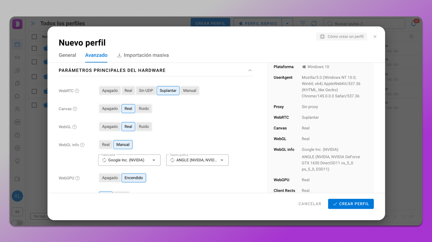 Fingerprint parameters Dolphin Anty
