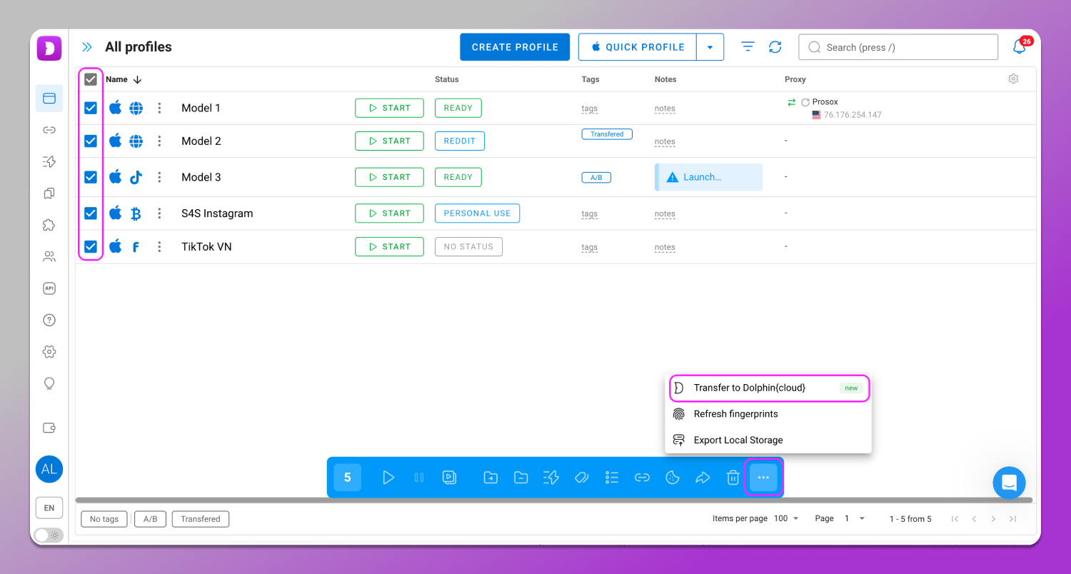 Profile Transfer to Cloud Dolphin Anty