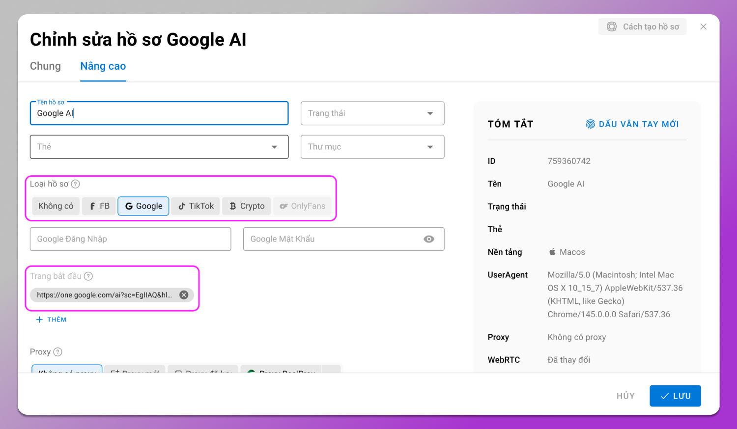 Profile Setup Dolphin Anty