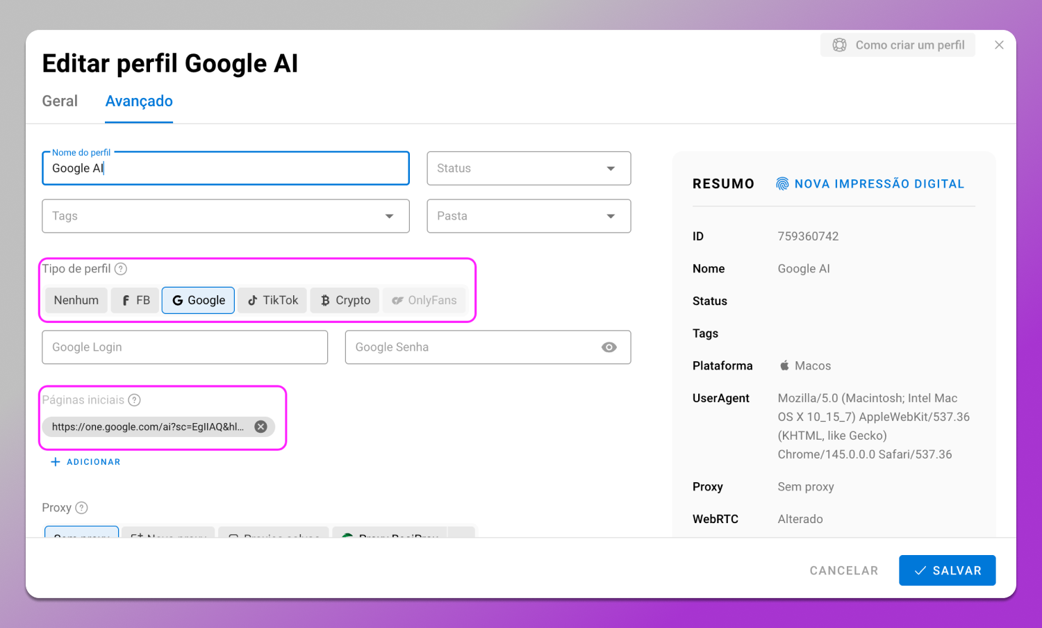 Profile Setup Dolphin Anty