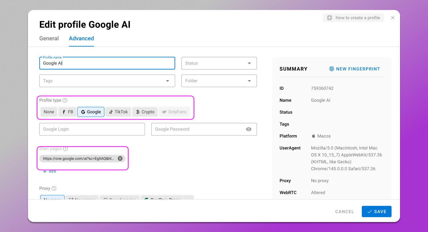 Profile Setup Dolphin Anty
