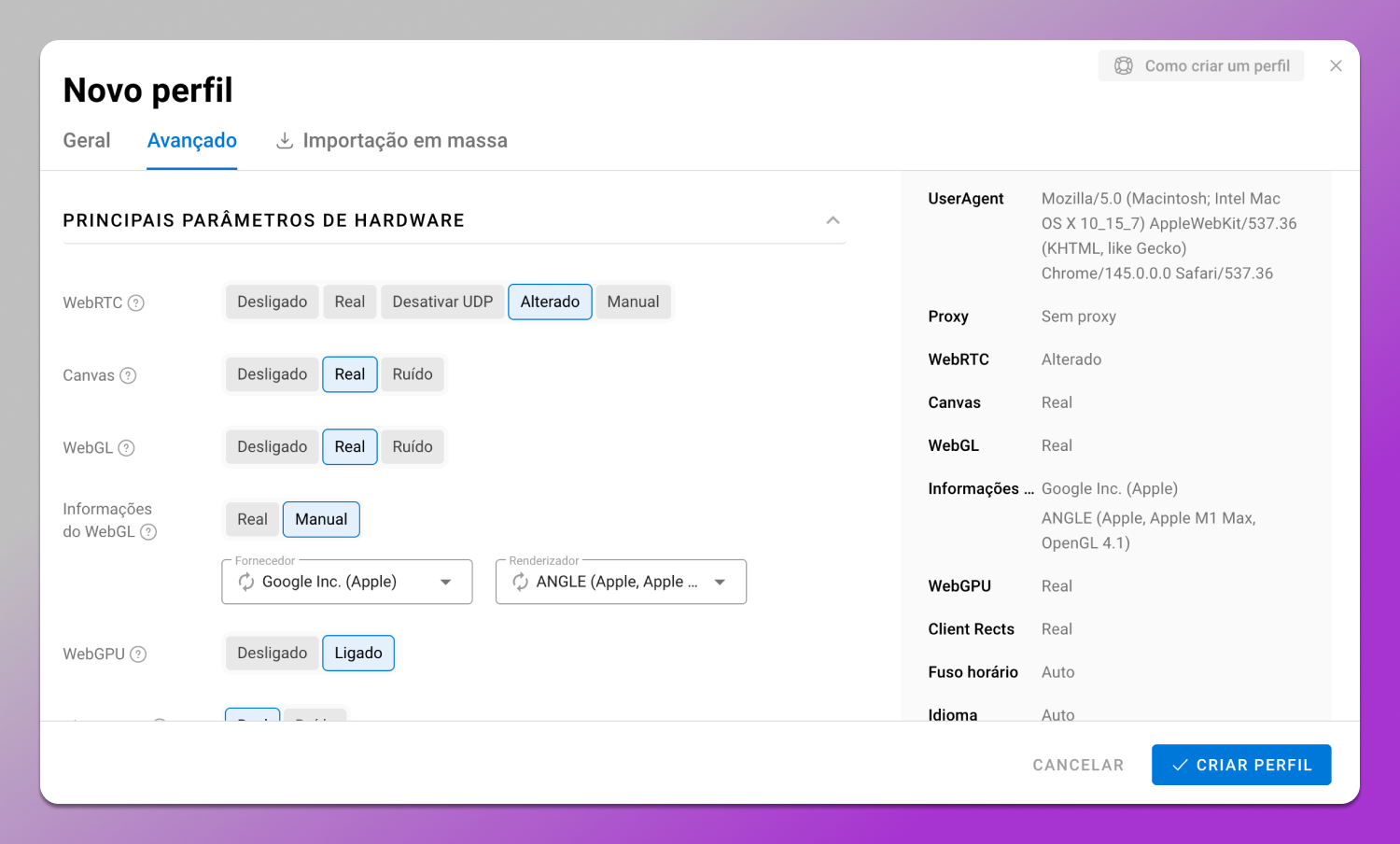 Fingerprint Parameters Dolphin Anty