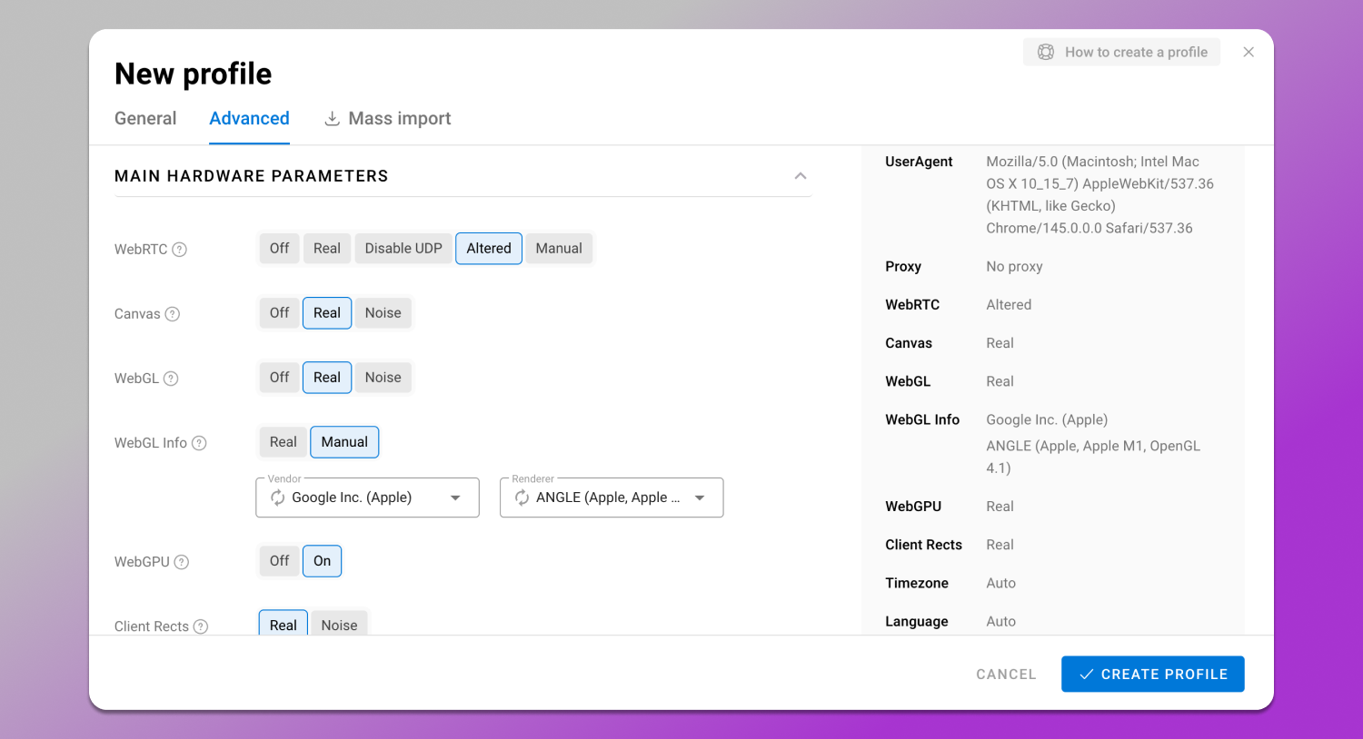 Fingerprint Parameters Dolphin Anty