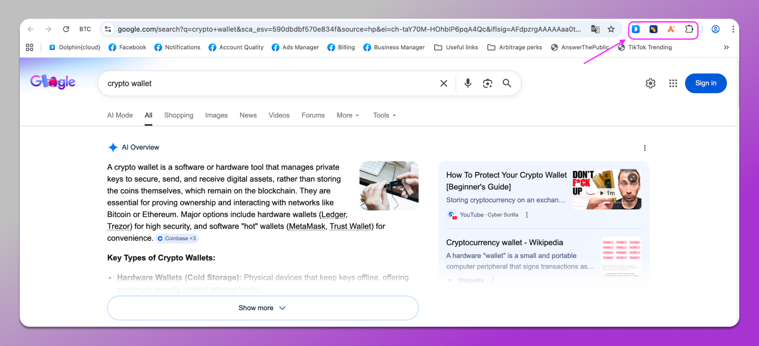 Extensions in Browser Dolphin Anty