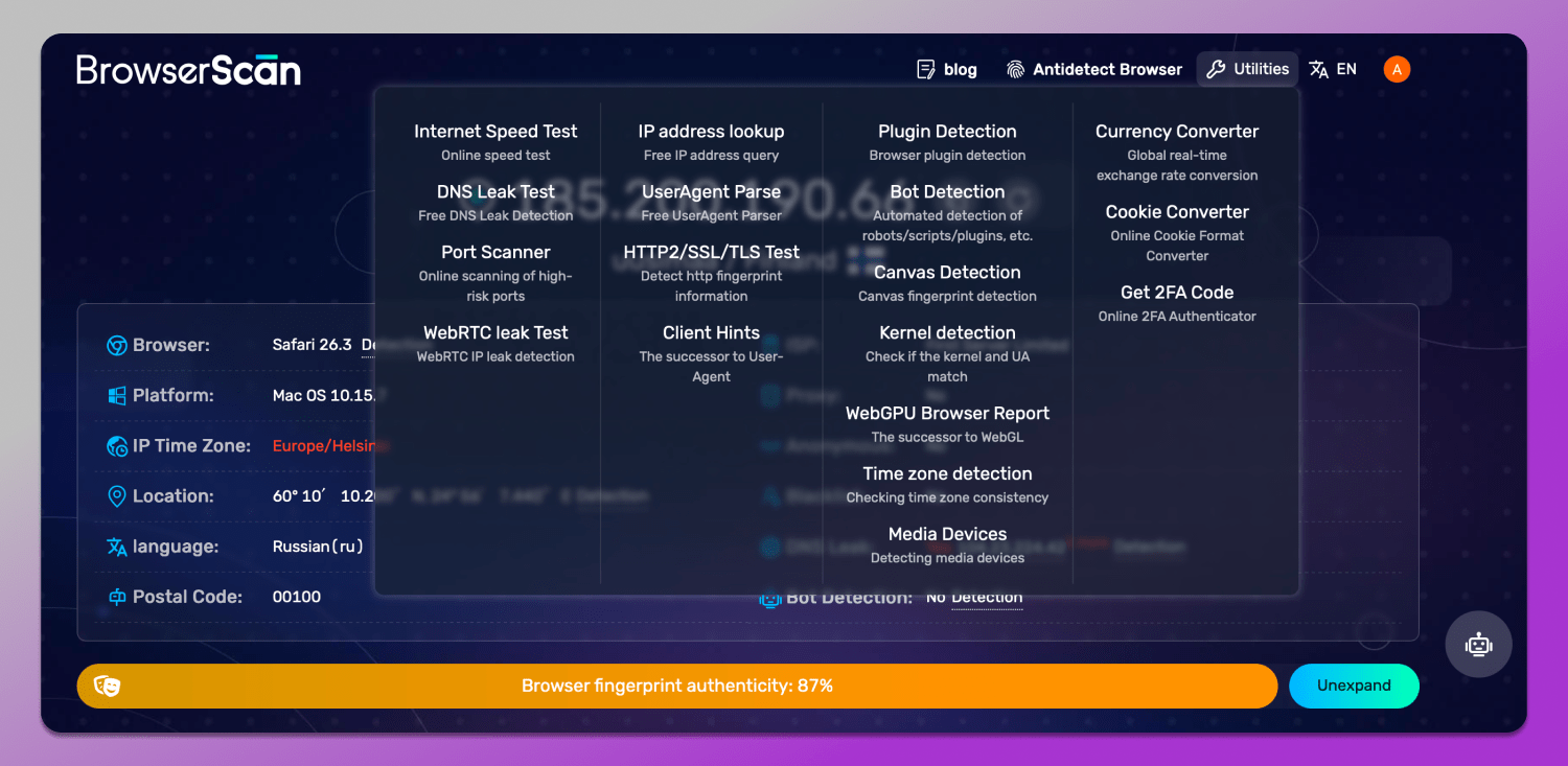 BrowserScan Website Dolphin Anty