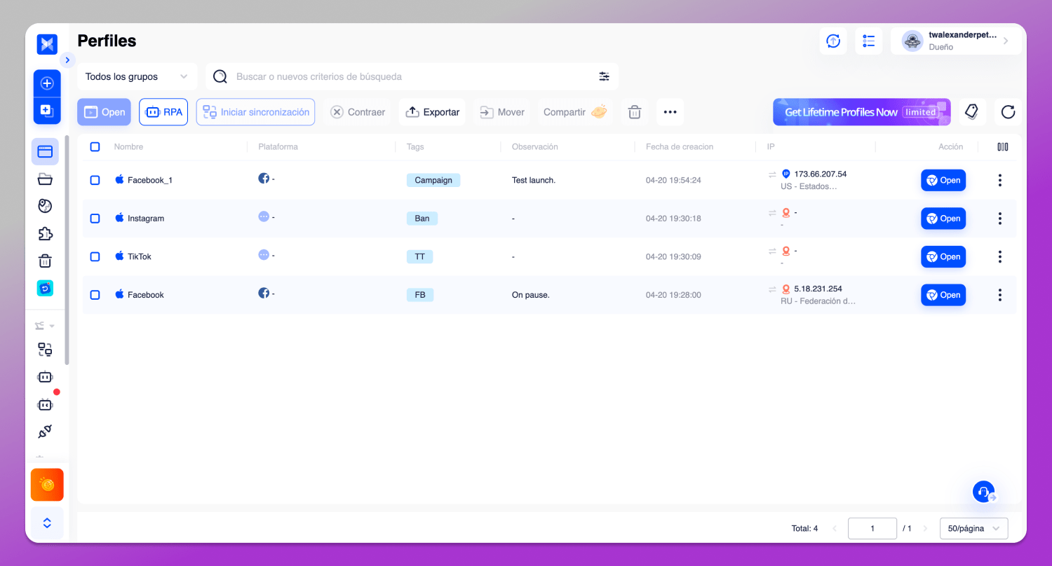 Interface AdsPower Dolphin Anty