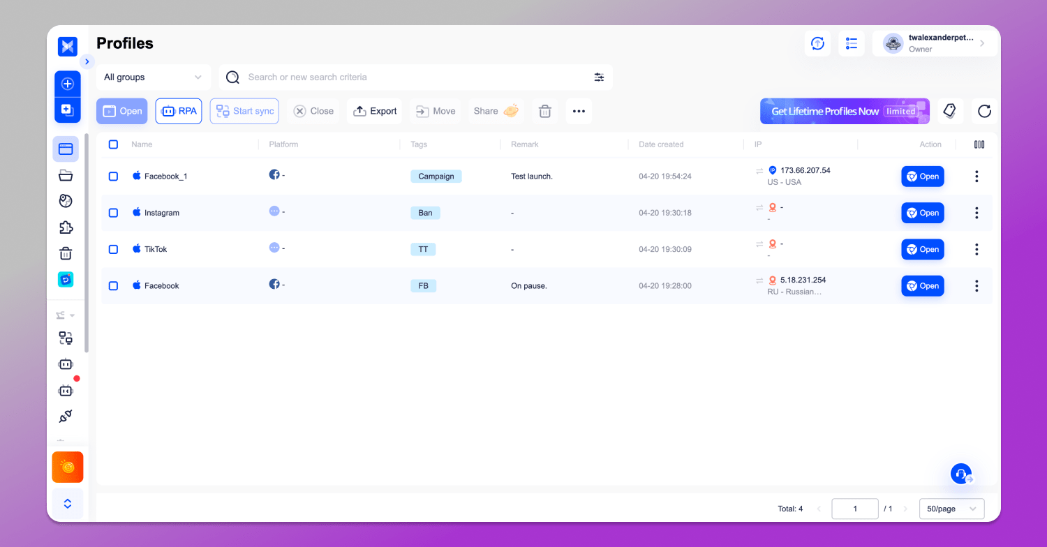 Interface AdsPower Dolphin Anty