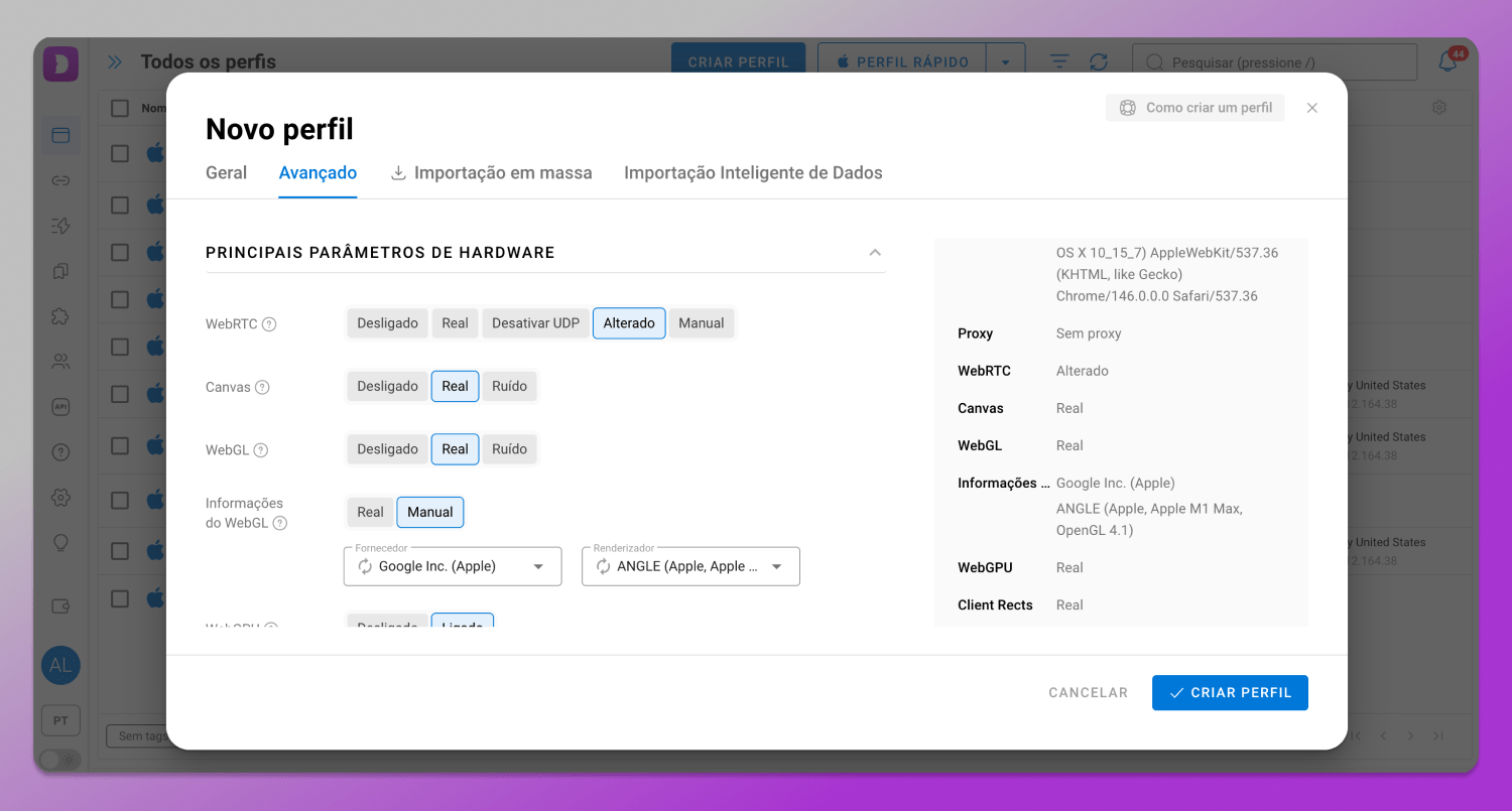 Fingerprint parameters Dolphin Anty