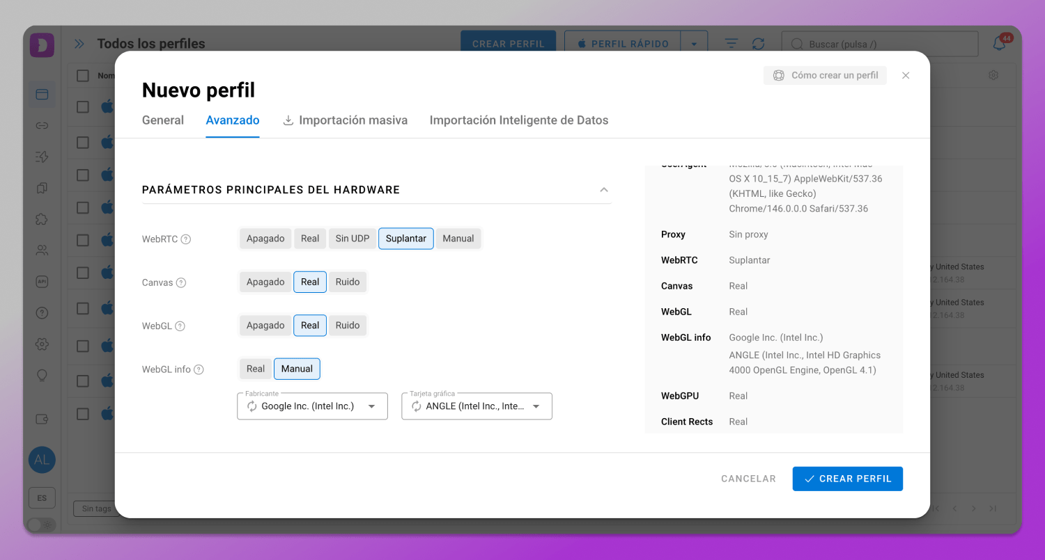 Fingerprint parameters Dolphin Anty