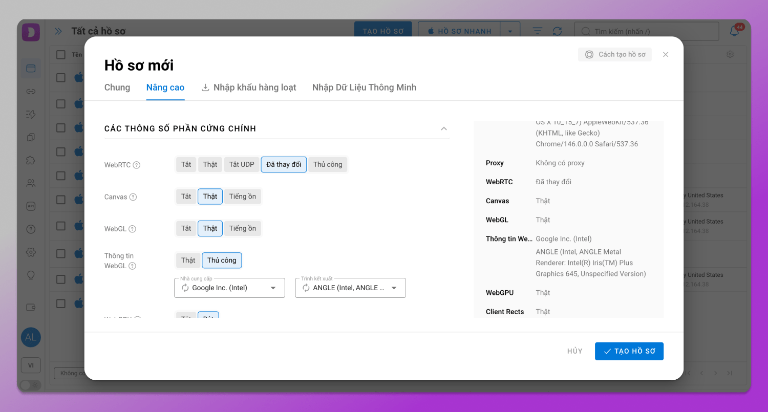 Fingerprint parameters Dolphin Anty