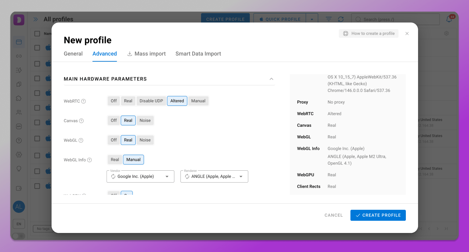 Fingerprint parameters Dolphin Anty