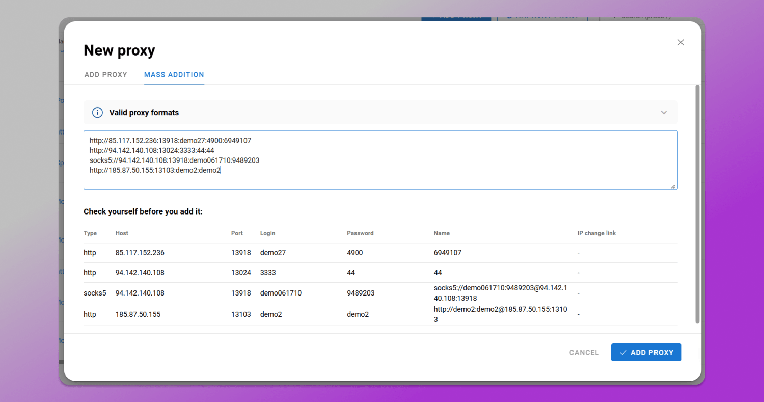 Mass proxy import Dolphin Anty
