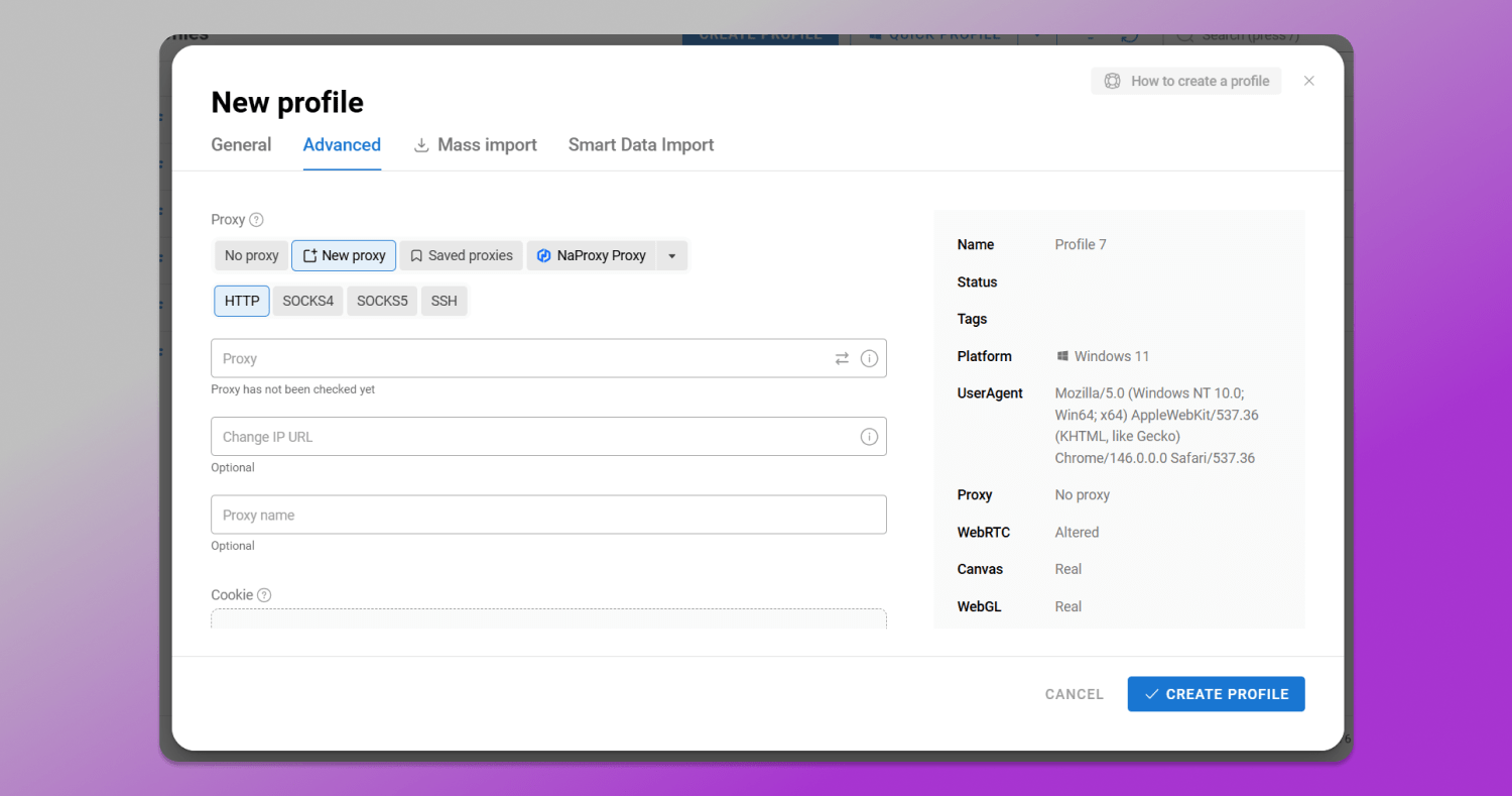 New proxy in profile Dolphin Anty