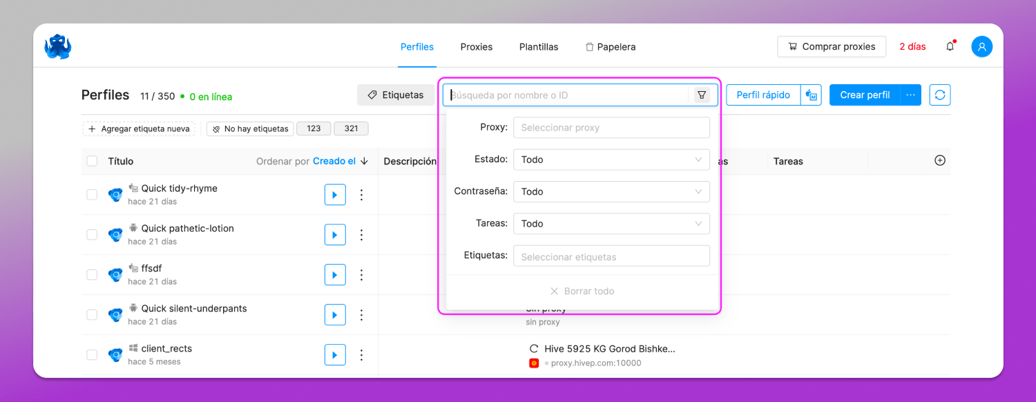 Filters Octo Browser Dolphin Anty