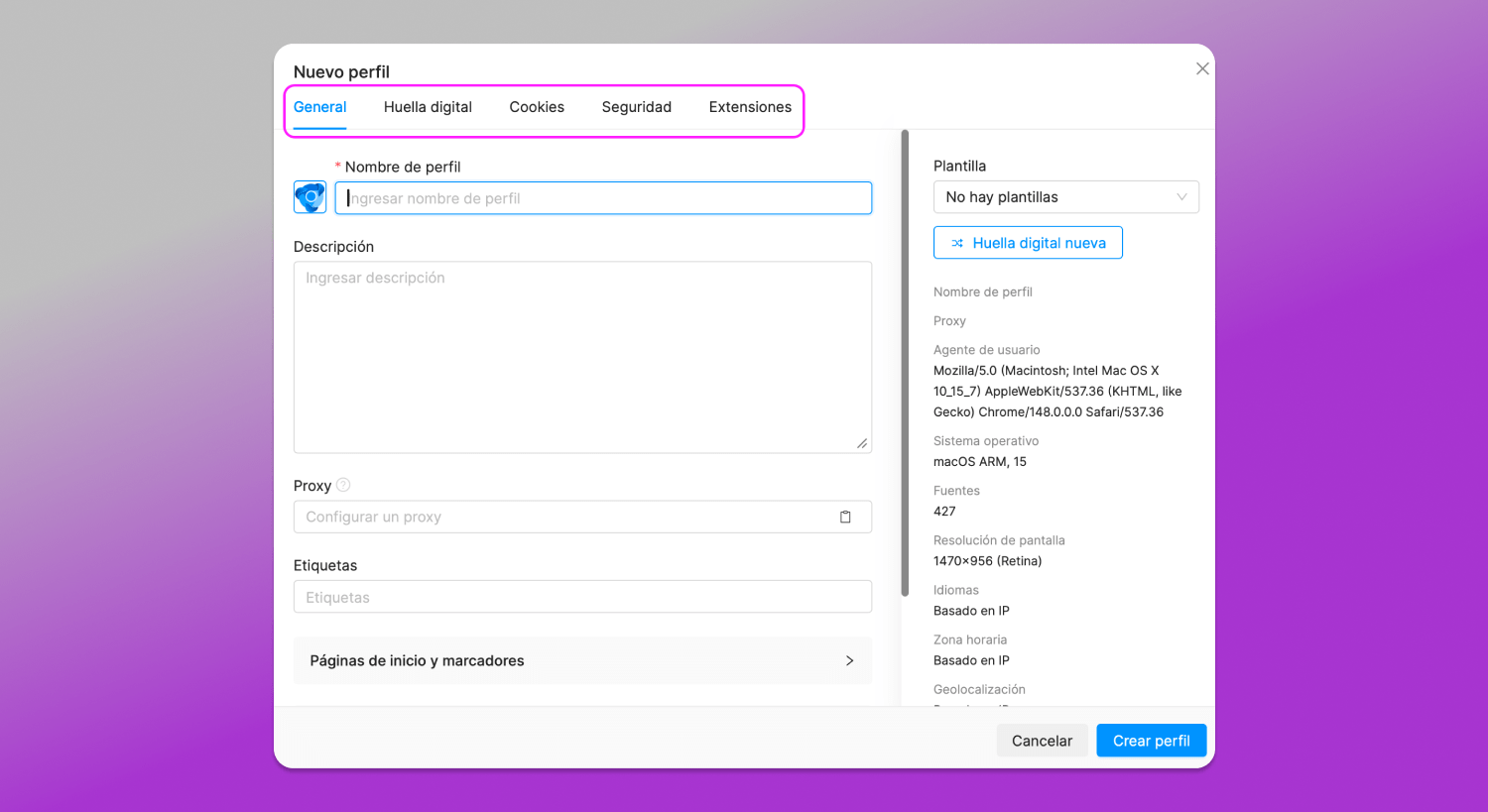 Profile creation Octo Browser Dolphin Anty