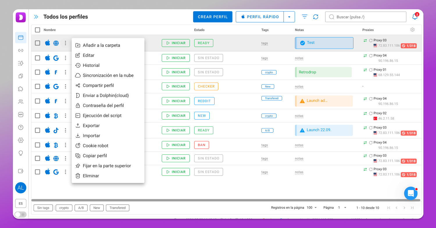 Profile management Dolphin Anty